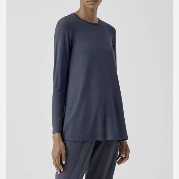 Eileen Fisher Ocean Blue Fine Jersey Crew Neck Long Length Top - Picture 1 of 5